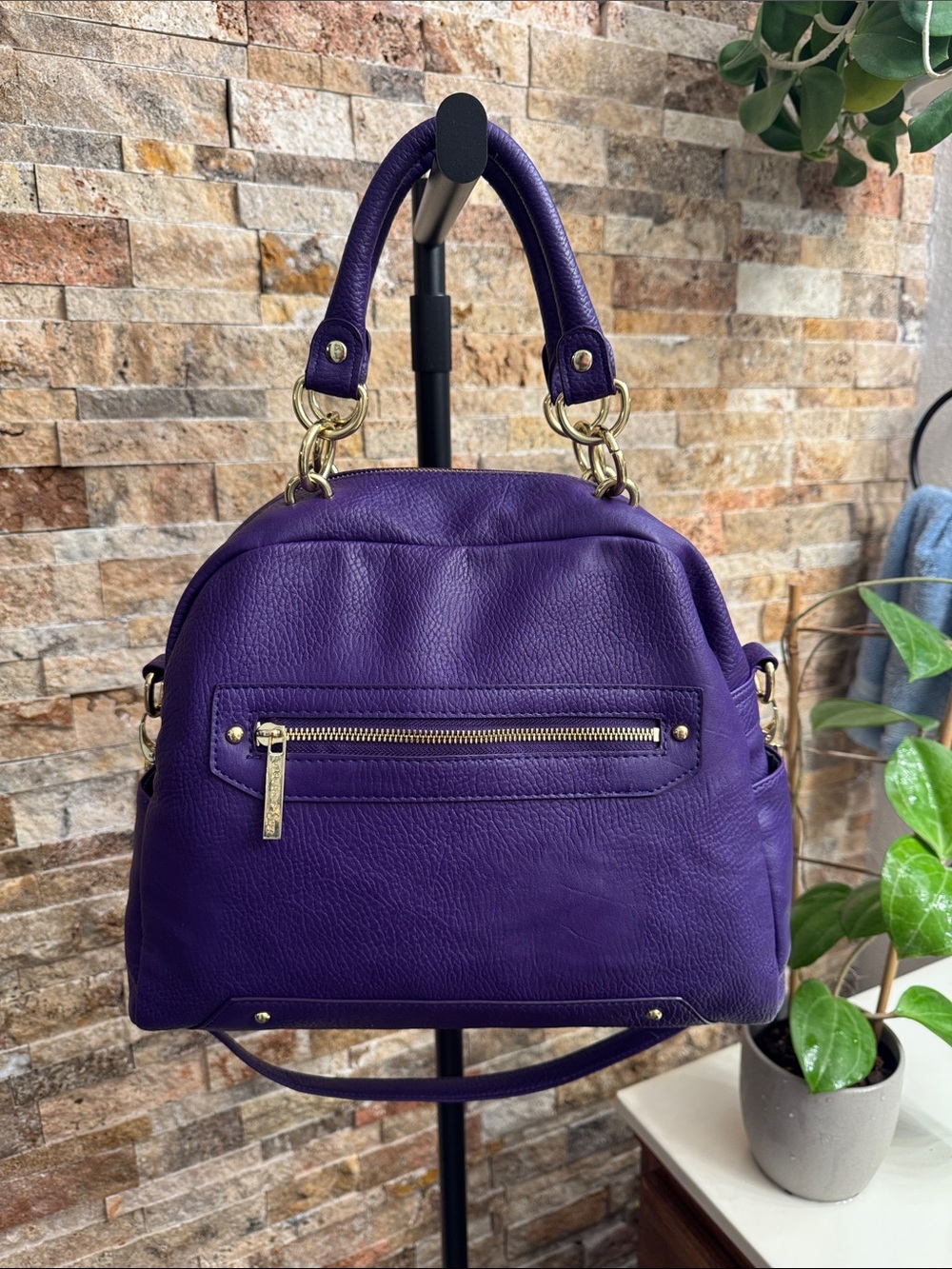 Olivia + Joy Deep Purple Pebble Faux Leather Satchel Gold Hardware